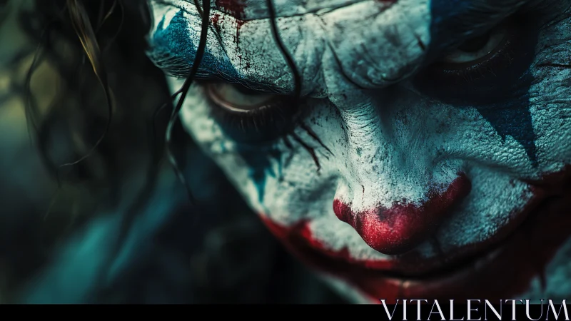 Photorealistic sinister clown portrait in extreme close-up framing.