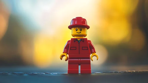 Cheerful red toy figure enjoys a golden sunset glow