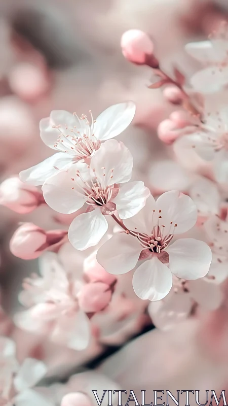 Pink and White Blossoms on Branch with Buds.
