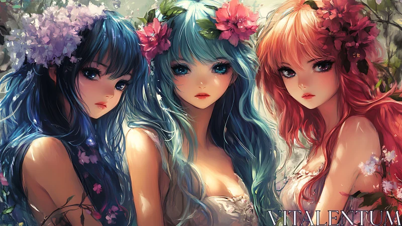 Three anime women with floral hair accessories outdoors.