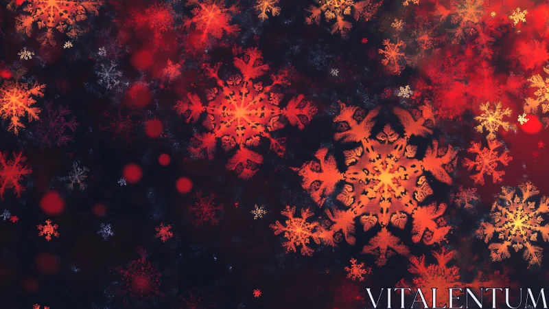 Crimson snowflakes drift through ember-kissed winter night.