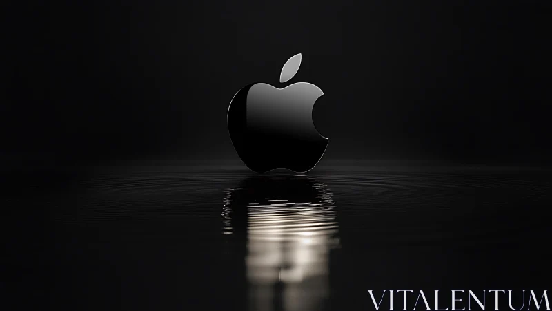 Glossy black apple logo centered on dark reflective water.
