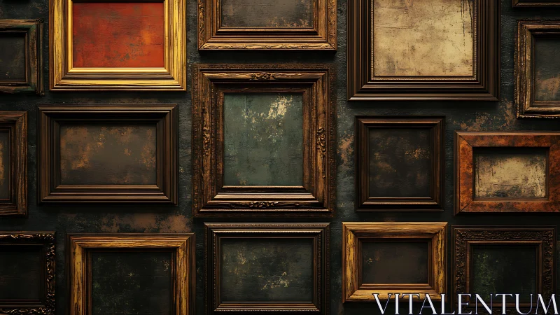 Empty vintage picture frames arranged on textured wall.