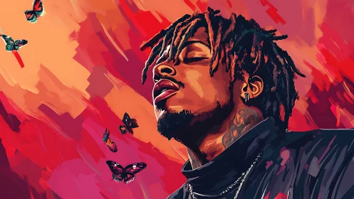 Portrait of man with closed eyes amid butterflies and reds