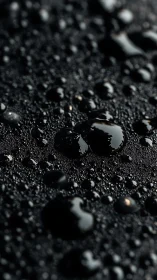 Shimmering black droplets across textured dark surface.