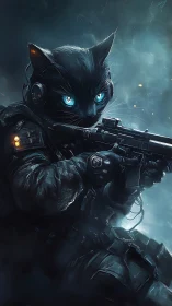 Tactical cyber-feline operative with carbine in misted combat