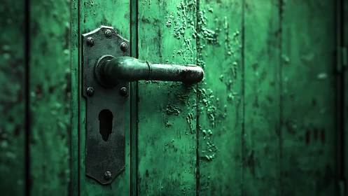 Weathered green door handle with textured peeling paint.
