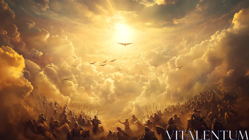 Armored cavalry formations advance beneath radiant sky