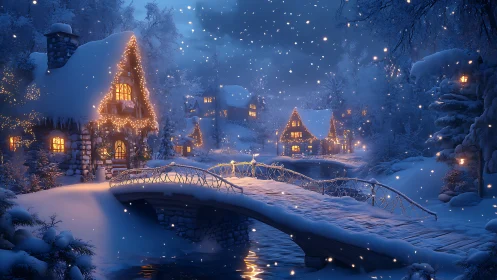Snowy winter village with lit cottages and wooden bridge.