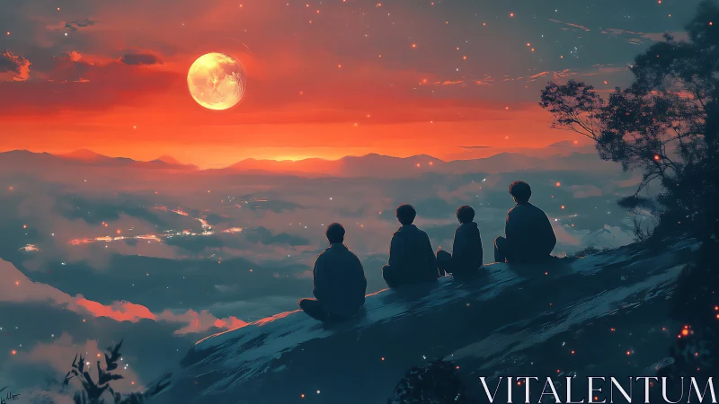 Moonlit friends on a ridge under burning crimson sky.