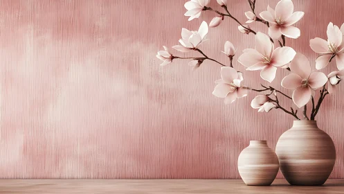 Magnolia Branches in Ceramic Vessels on Pink Textured Surface