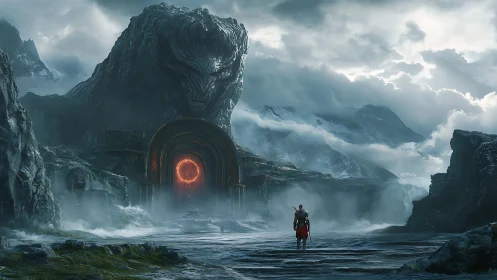 Warrior approaches colossal stone guardian and fiery gate