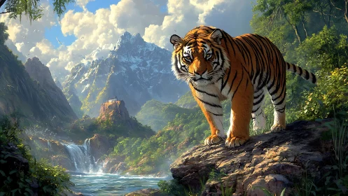 Majestic tiger overlooking luminous waterfall valley landscape.