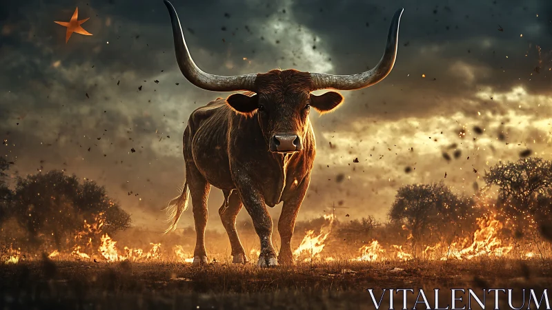 Longhorn bull advances through burning field at sunset