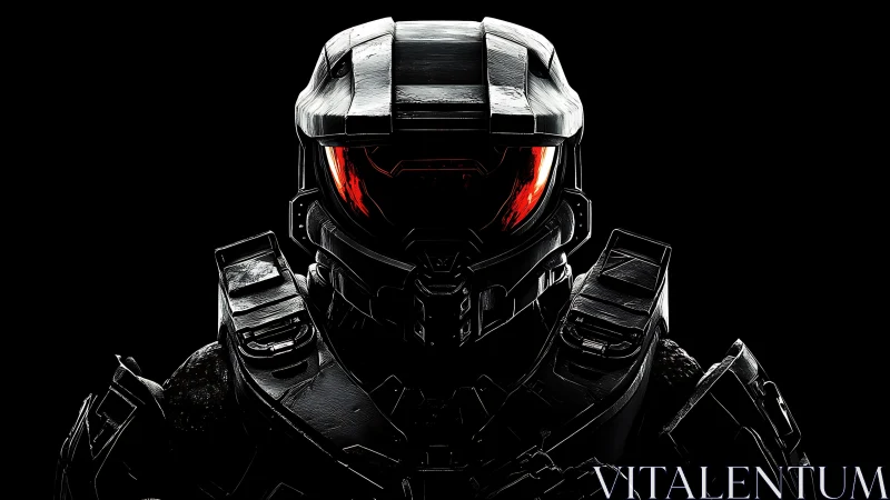 Armored sci fi soldier with glowing red visor in darkness.