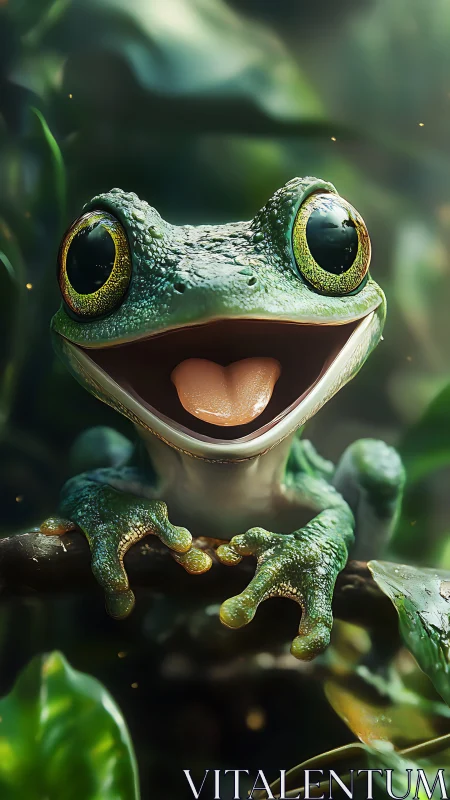 Joyful green tree frog smiles brightly in lush jungle light