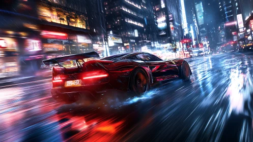 Red sports car on wet neon city street at night in rain.