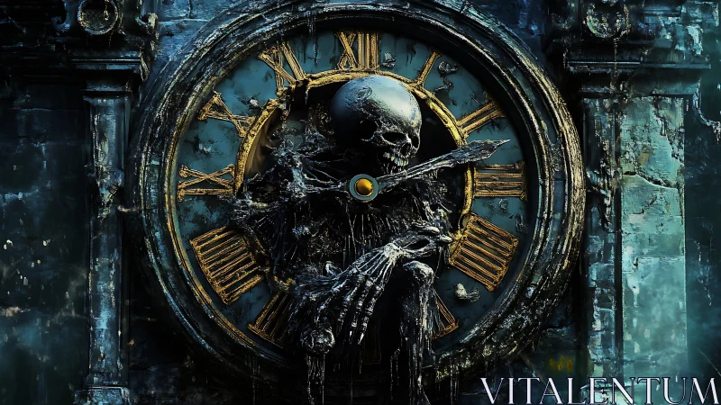 Skeletal figure integrated into corroded clock face structure