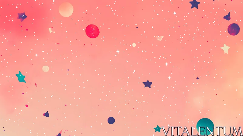 Pink gradient sky displays scattered stars and circular shapes