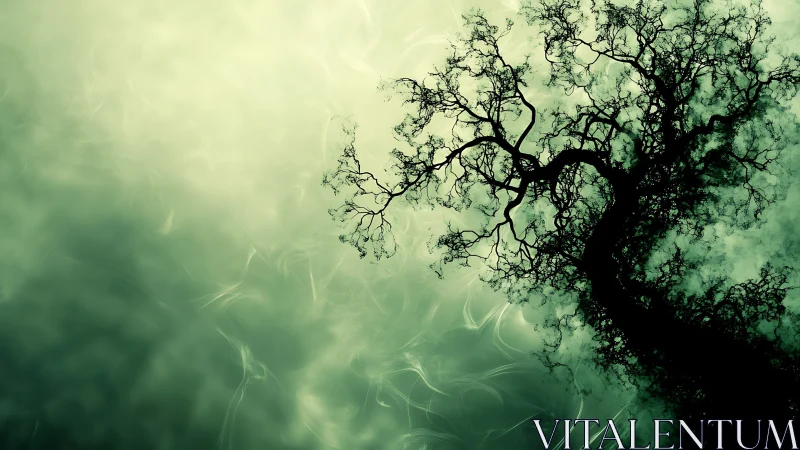 Surreal Abstract Tree Silhouette Against Green Misty Background.