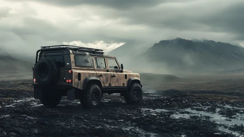 Off-road SUV parked on wet rocky terrain under clouds.