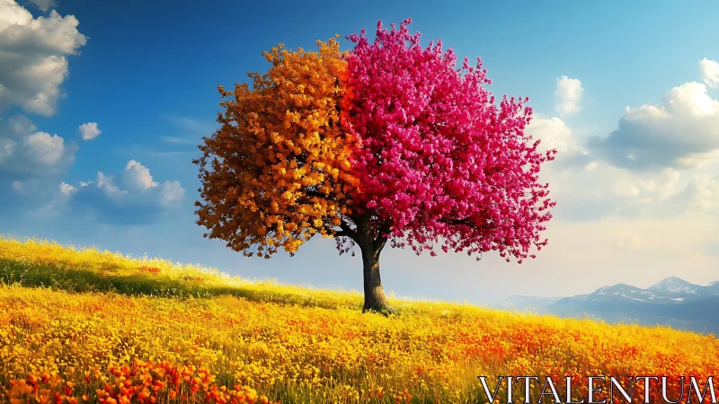 Warm hillside tree where autumn and spring gently meet.