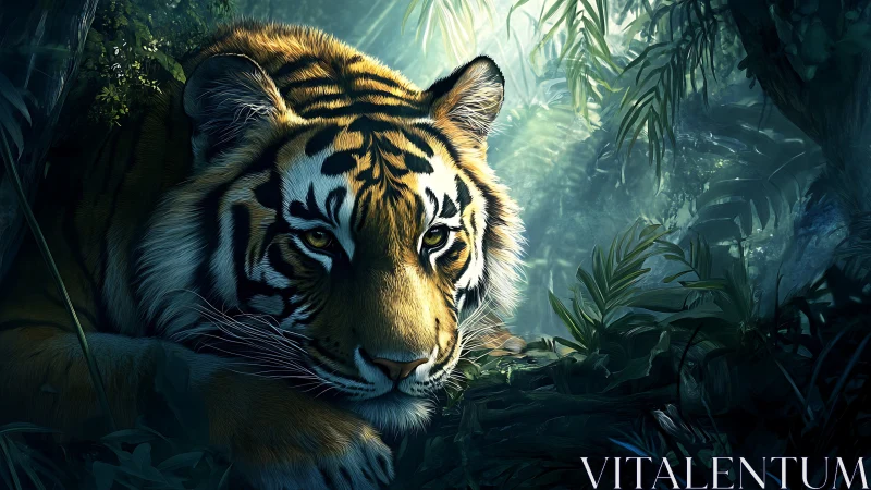 Tiger daydreams in emerald shade while the jungle holds still