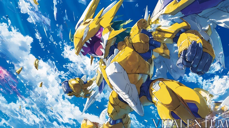 Dynamic mecha-dragon sky assault in high-impact anime style.