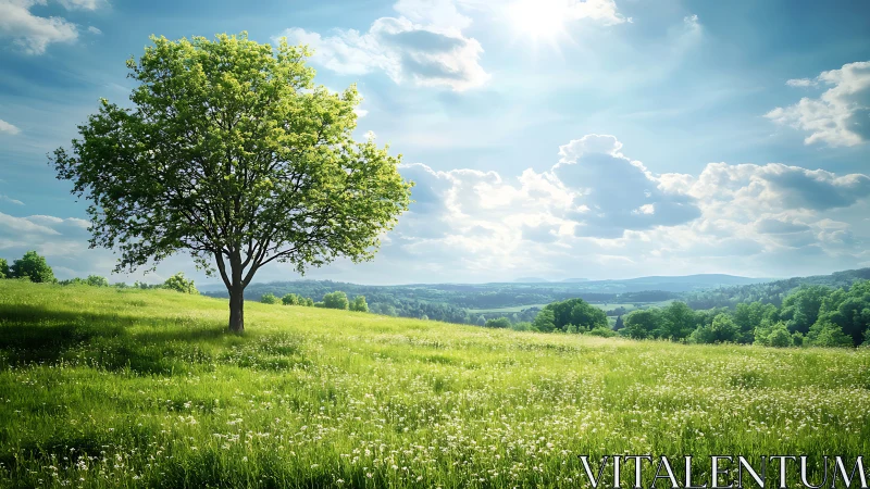 Lone tree on sunny green meadow under wide blue sky.
