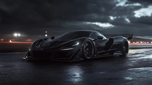 Midnight black supercar glowing softly on a rain kissed road.