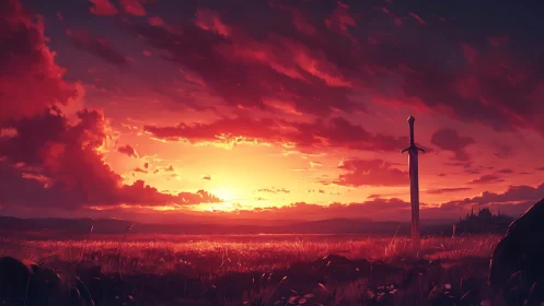 Sunset sword stands over silent golden battlefield horizon.