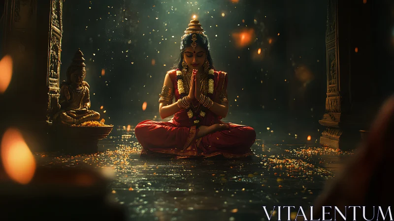 Temple embers drift as a serene devotee folds into prayer