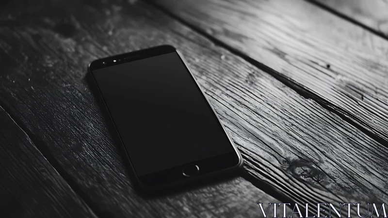Smartphone on weathered wooden surface captured in high-contrast monochrome.