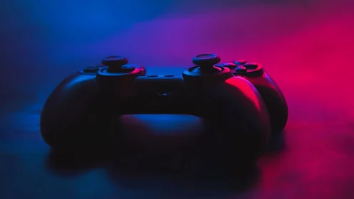 Neon-Lit Gaming Controller Against Gradient Backdrop