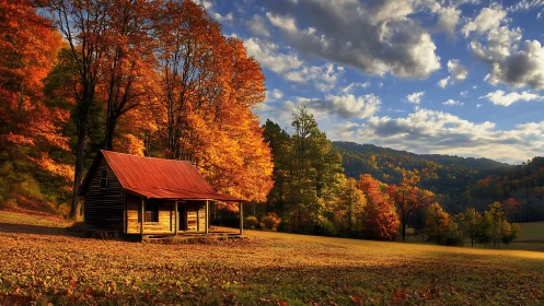 Wooden cabin in open field bordered by autumn forest canopy.