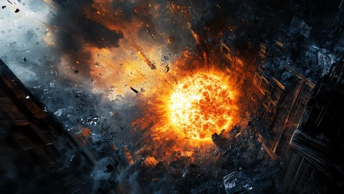 Apocalyptic fireball engulfs collapsing futuristic cityscape.