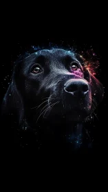 Cosmic black dog portrait merges fur detail with nebula glow