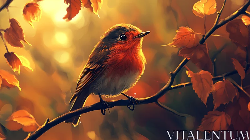 Vibrant Robin Perched on Autumn Branch, Digital Art Masterpiece.