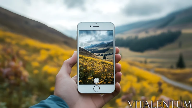 Phone-framed valley dream where wildflowers meet clouds.