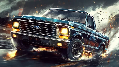 Classic blue pickup racing through sparks and stormlight.