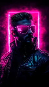 Neon-lit cyber portrait with reflective visor optics and glow geometry.