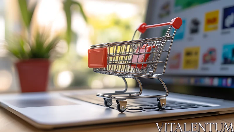 Mini shopping cart on laptop symbolizing online retail.