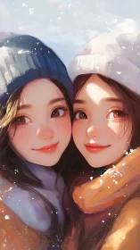 Winter close-up digital painting of two smiling girls.