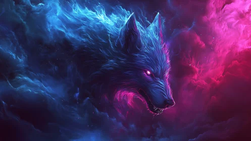 Neon blue wolf head framed by dense pink cosmic clouds.