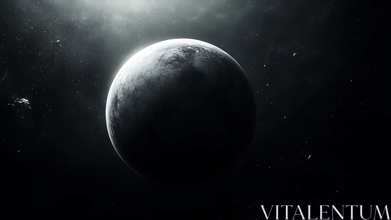 Distant icy planet in shadowed deep space environment.