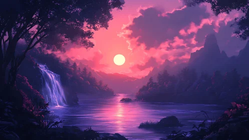 Sunset over river valley with waterfall and distant peaks.