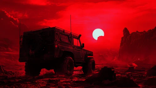 Off-road expedition vehicle crosses red-illuminated alien desert