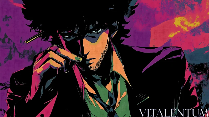 Neon noir anime bounty hunter in intense close portrait.