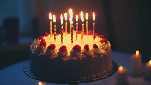 Multilayer Illuminated Celebration Cake with Spiral Taper Candles in Warm Nocturnal Setting