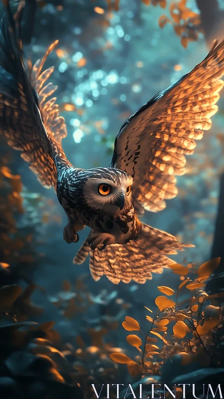 Cinematic digital owl in luminous twilight forest composition.